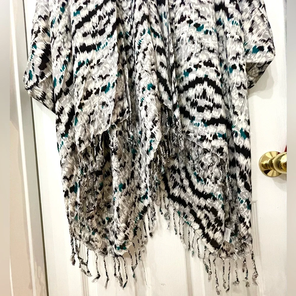 Tart Black, White & Blue Printed Swim Coverup with Fringe